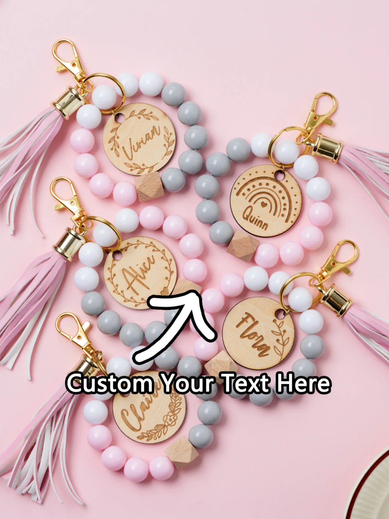 قطعة واحدة من سوار مخصص - خرز PMMA مخصص مع الاسم، شرابة DIY وسحر الطبيعة الخشبية، ألوان مريحة، هدايا لها وD