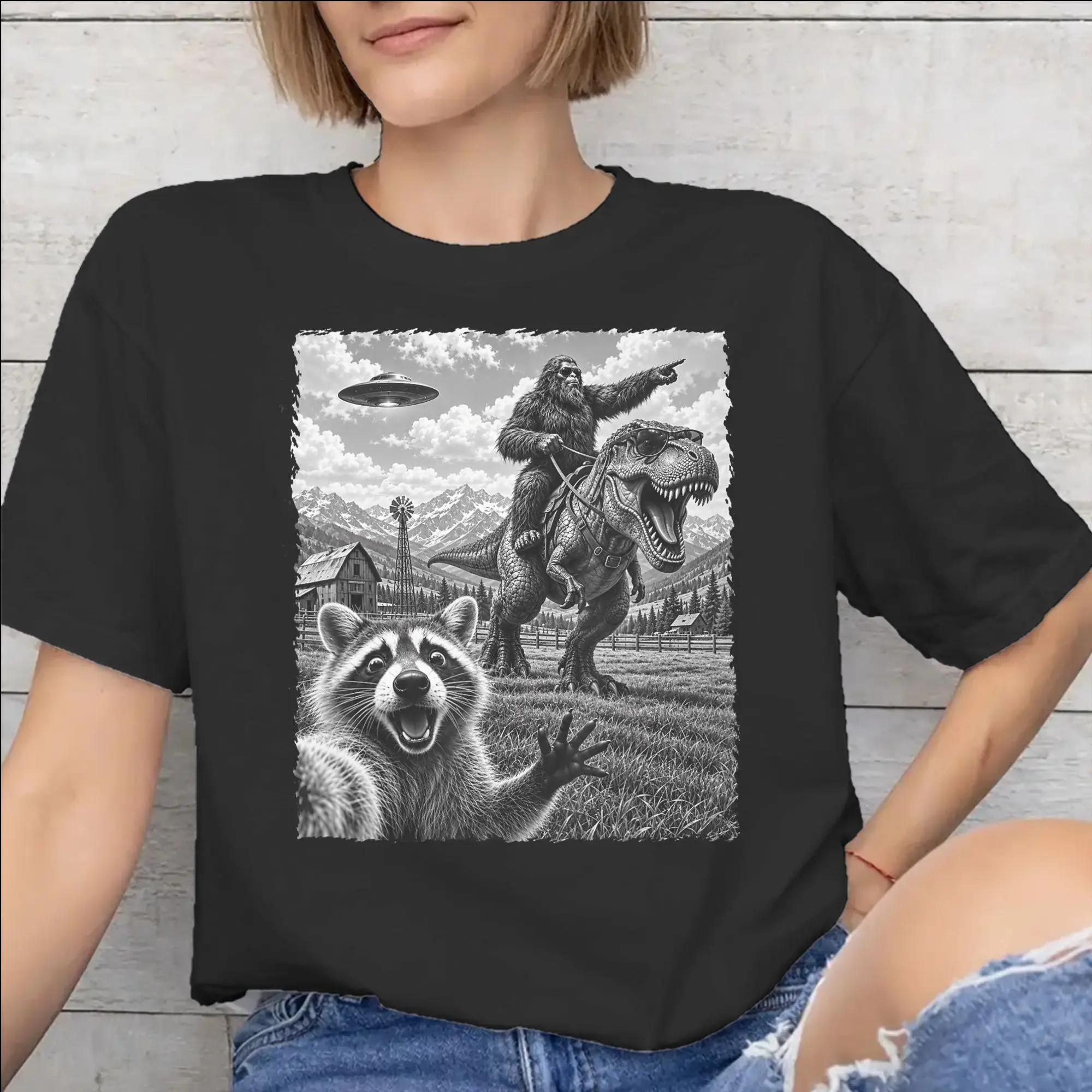 Funny Bigfoot Ride Dinosaur Raccoon Tee Shirt for Men Women Graphic T Shirts  100% Cotton Clothing