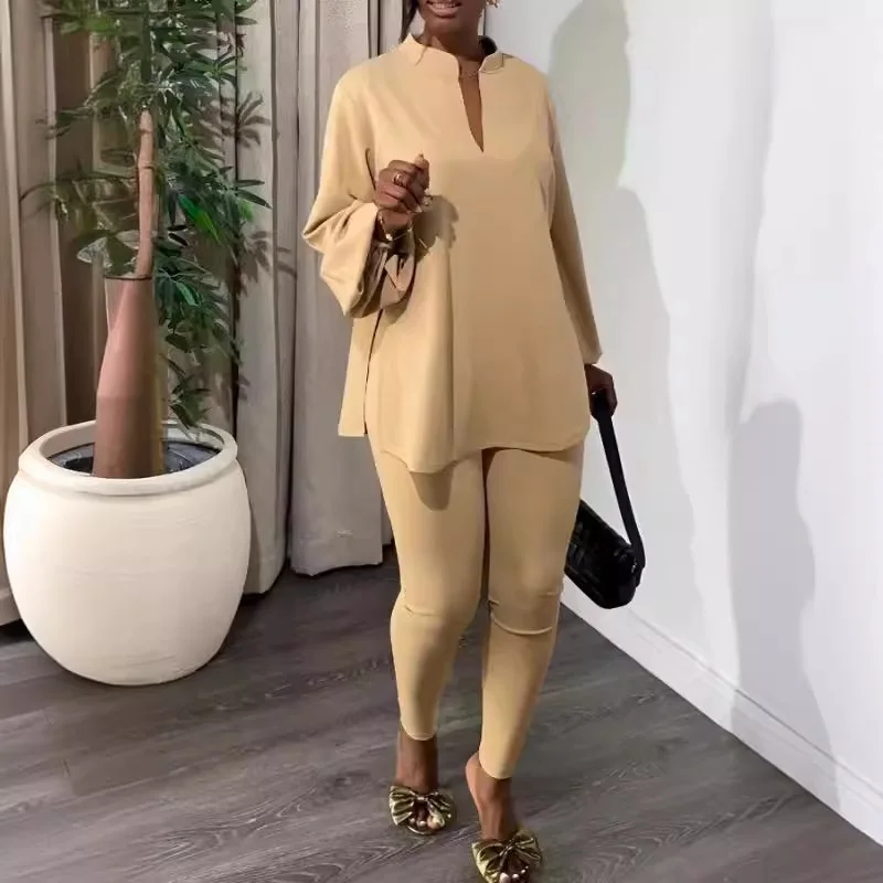 

Весенне-летний повседневный однотонный комплект из 2 предметов, женский модный наряд из двух предметов с v-образным вырезом, свободный крой, топы, леггинсы, брюки для бега, костюм, женские комплекты