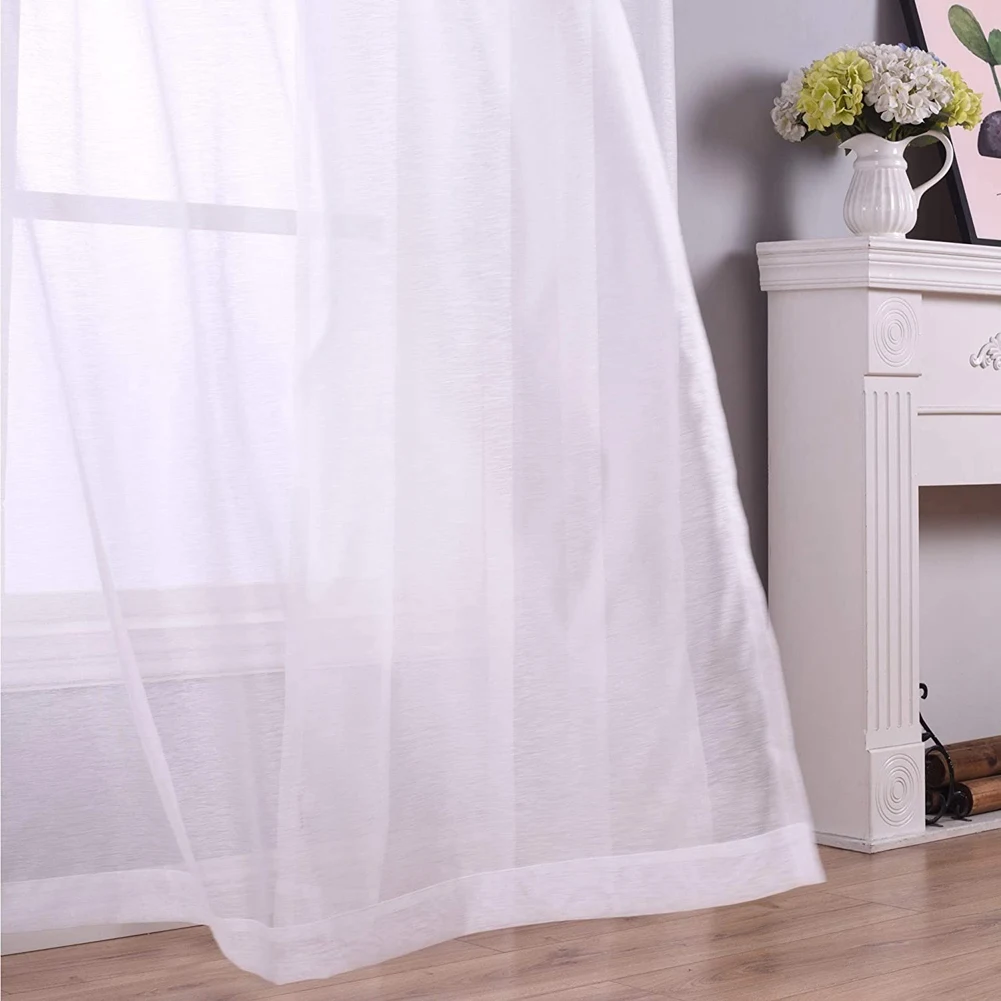 Sheer Curtains White Grommet Set Of 2 Panels Window Sheer Semi Drapes Polyester Look Voile Curtains For Bed Room-New