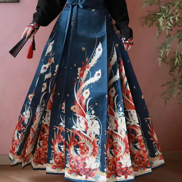 

New Chinese Style Blue Horse Face Skirt Female Autumn Improved Skirt National Style mamianqun Commuter Temperament Long Skirt