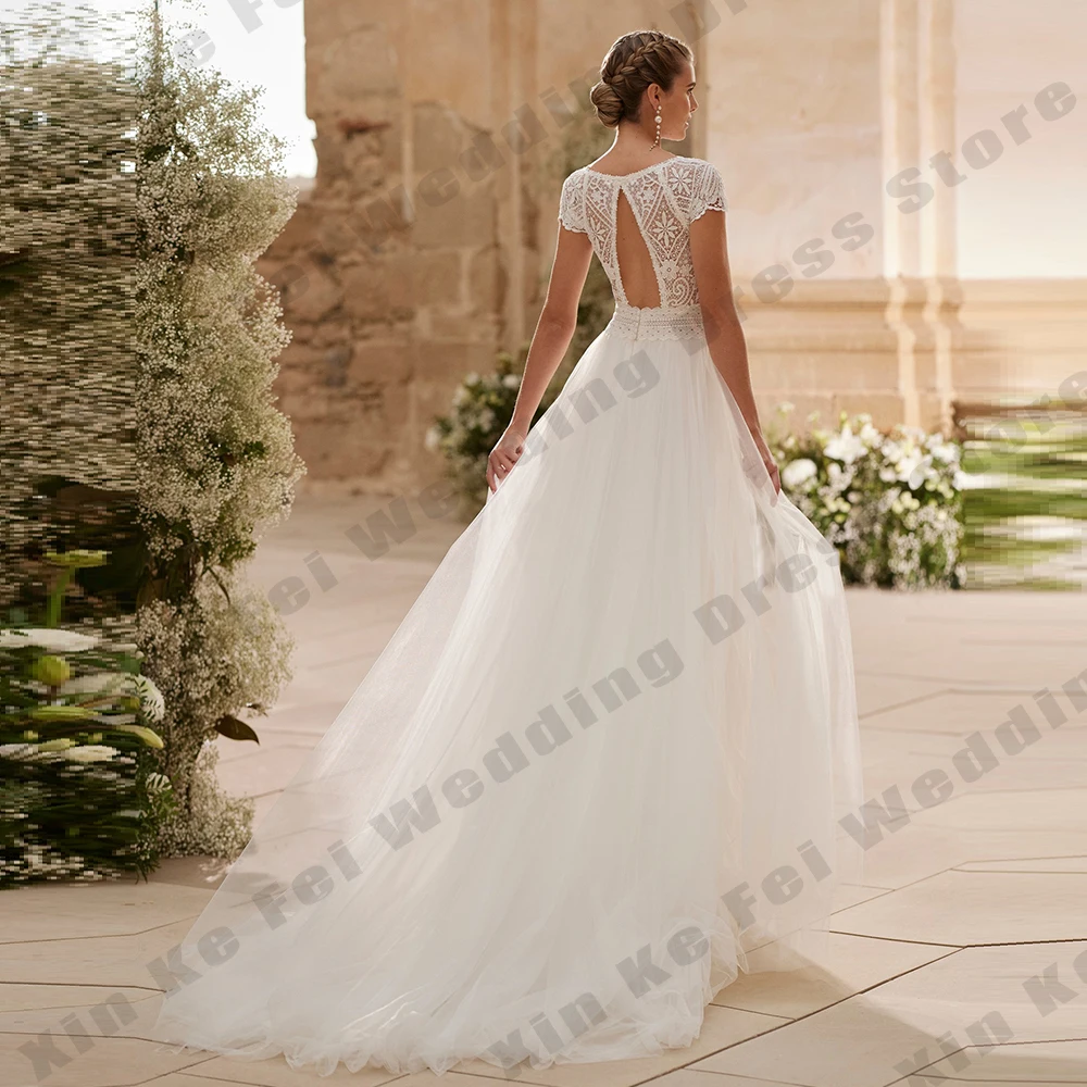 Robe de mariée en mousseline de soie pour femmes, col rond, élégante, manches courtes, dentelle, princesse, robes de bal formelles, personnalisées, 2025