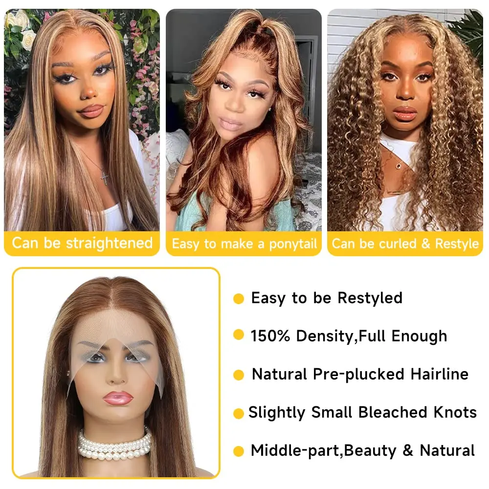 Highlight Wig Human Hair Ombre Honey Blonde 4/27 Colored Lace Front Wigs For Women Pre Plucked Bone Straight Lace Frontal Wig