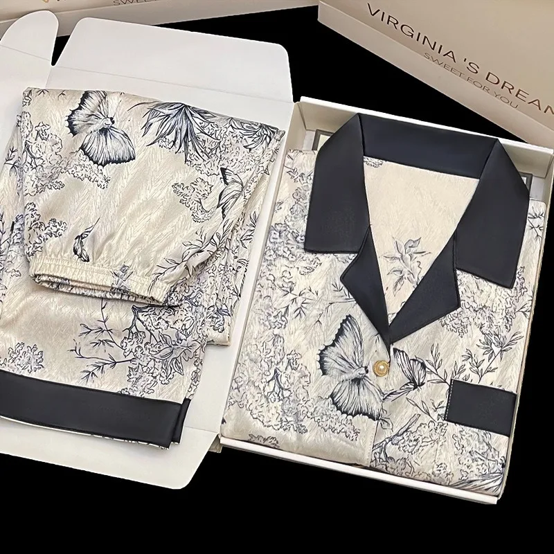 

Ink Painting Pajamas Women Short Sleeve Trousers Rayon Fabric Cardigan Homewear 2 Piece Set Ladies Sleepwear Literary Style