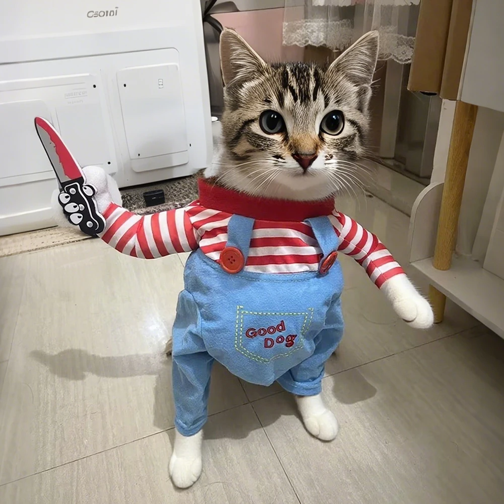 Funny Cat Clothes with Toy Knife Cute & Scary Pet Costume for Kittens Small Cats Dogs Halloween Cosplay Outfit Party Photo Props