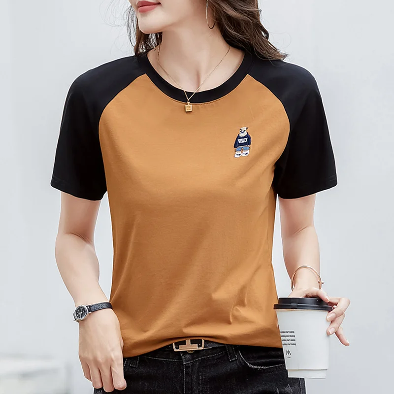 #0259 Spliced Color Short Sleeve T Shirt Women Slim Embroidery Bear Cotton Elegant Womens Tshirt O-neck Office T-shirt Summer