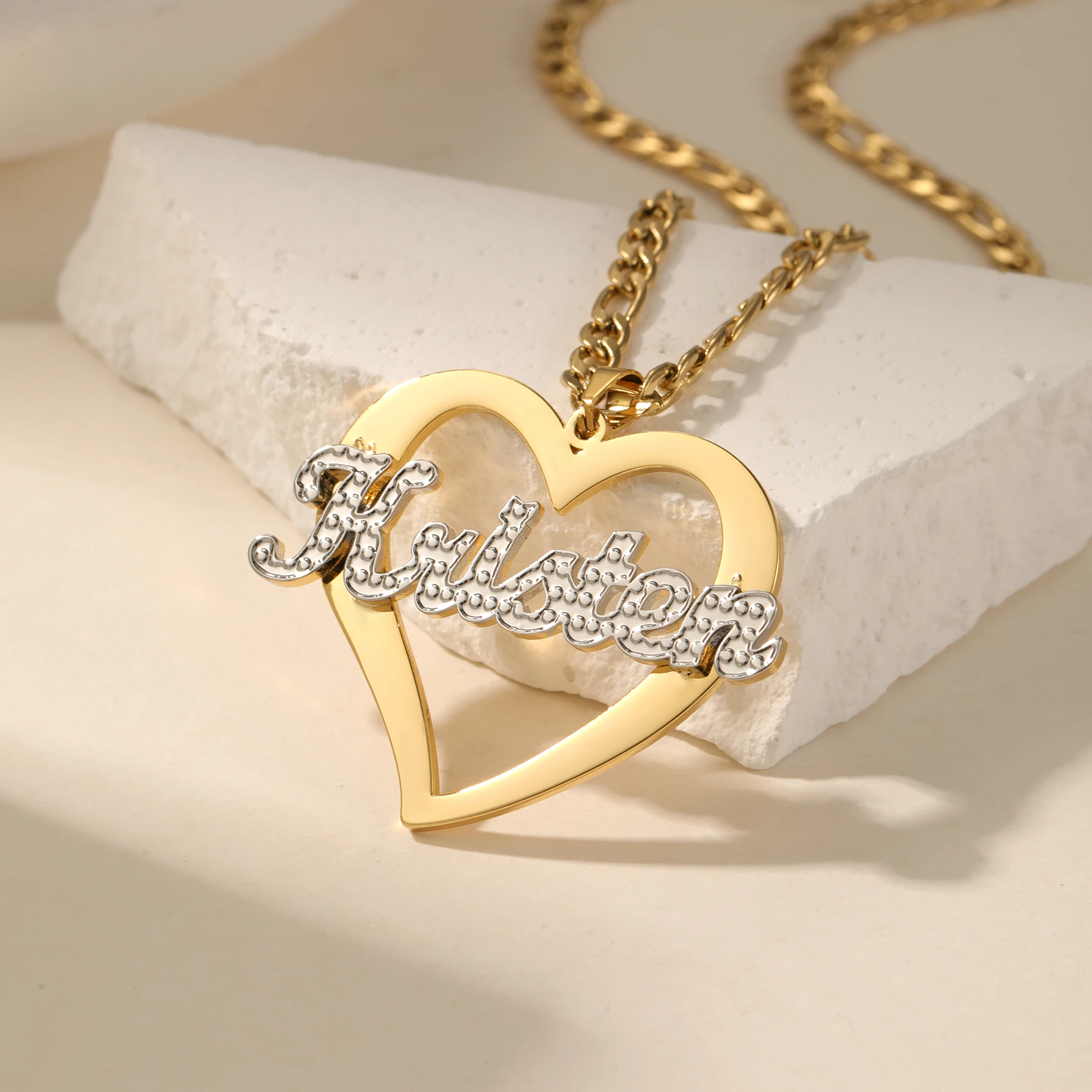 Colgante de corazón personalizado, collar con nombre de dos tonos personalizado, joyería con nombre de acero inoxidable, regalo del Día de San Valentín para novia