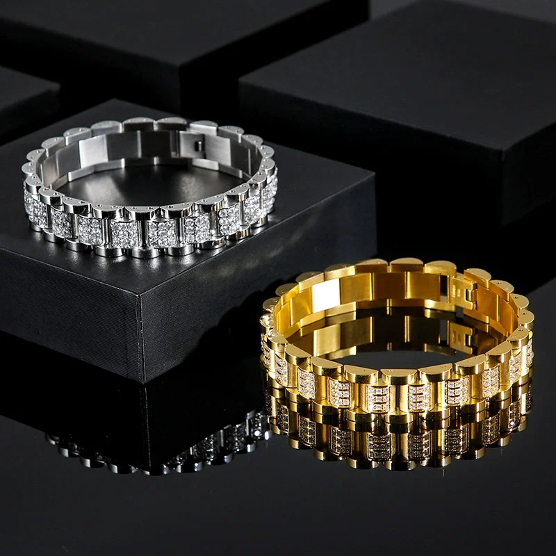 14mm Punk Luxury 18K Gold Color Strap Watchband Chain Bracelet Zircon Men Women Hiphop Stainless Steel Biker Bike Bangle Jewelry