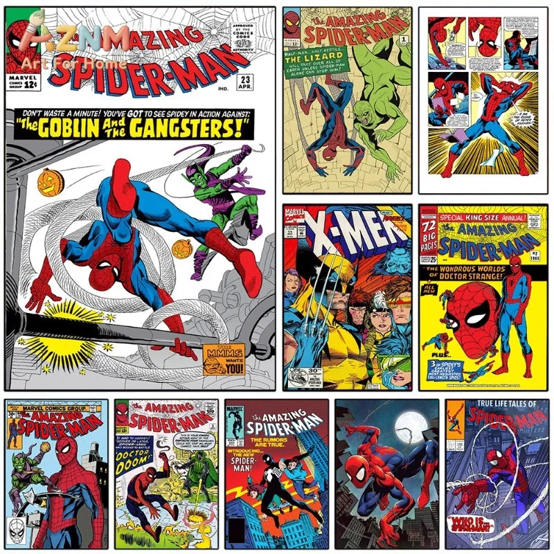 Amazing Spider Man Goblin And Gangsters Canvas Wall Art Vintage Comic Superhero Print Collage For Teen Boys Bedroom  Unframed