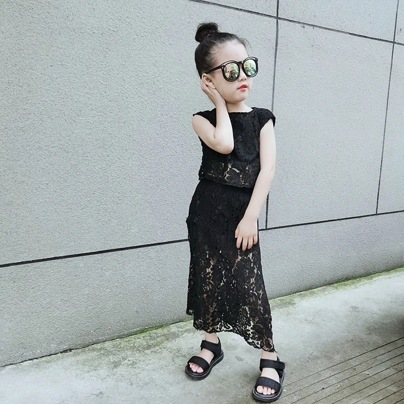 Black Baby Girls Lace Suit Sleeveless Vest Split Skirt Outfit Hollow Out Kids Clothing See Trough Mesh Streetwear 3 to 12 year