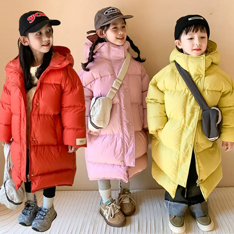 

Boys Girls Down Coats Teenager Hooded Windproof Warm Jackets Kids Thicken Long Outerwear Children Fashion Clothing Casual Parkas