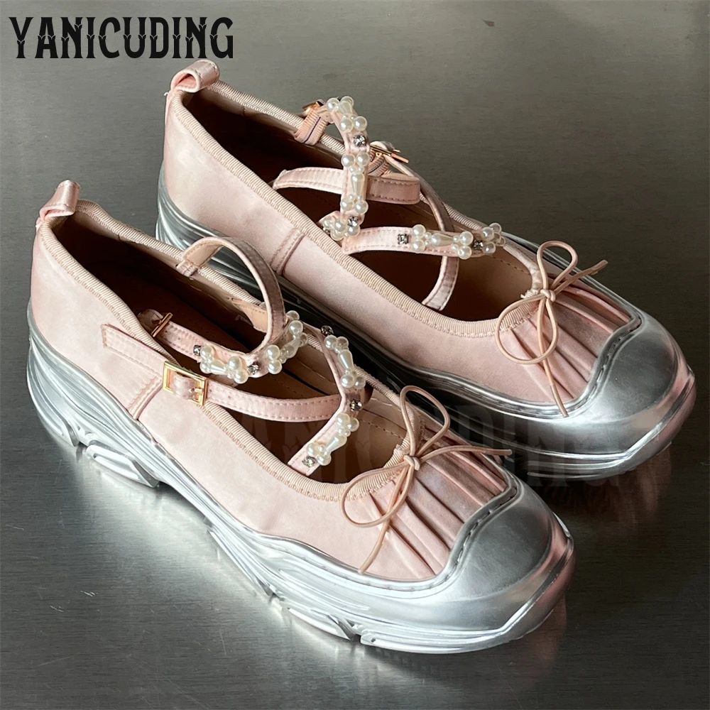 Ballet Sneakers Pearl Cross Strap Lace-Up Shoes Thick Bottom Round Toe Comfortable Casual Shoes Sweet Style Women's Daily Shoes