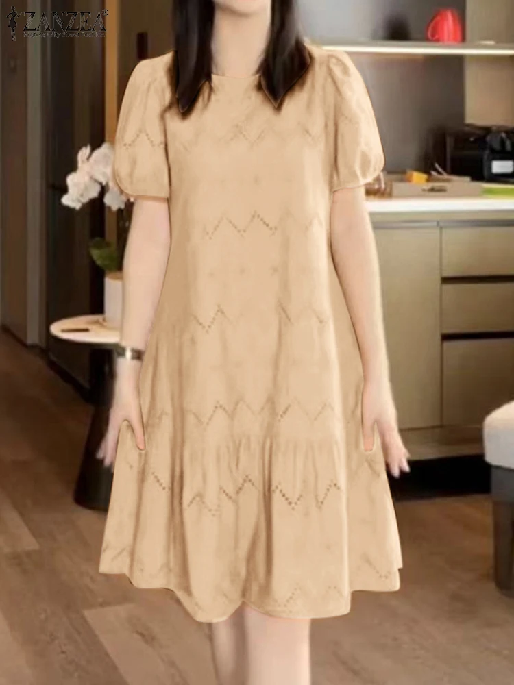 Elegant Lace Crochet Dress 2025 ZANZEA Summer Women Short Puff Sleeve Party Work Vestidos Casual Loose Holiday Midi Sundress