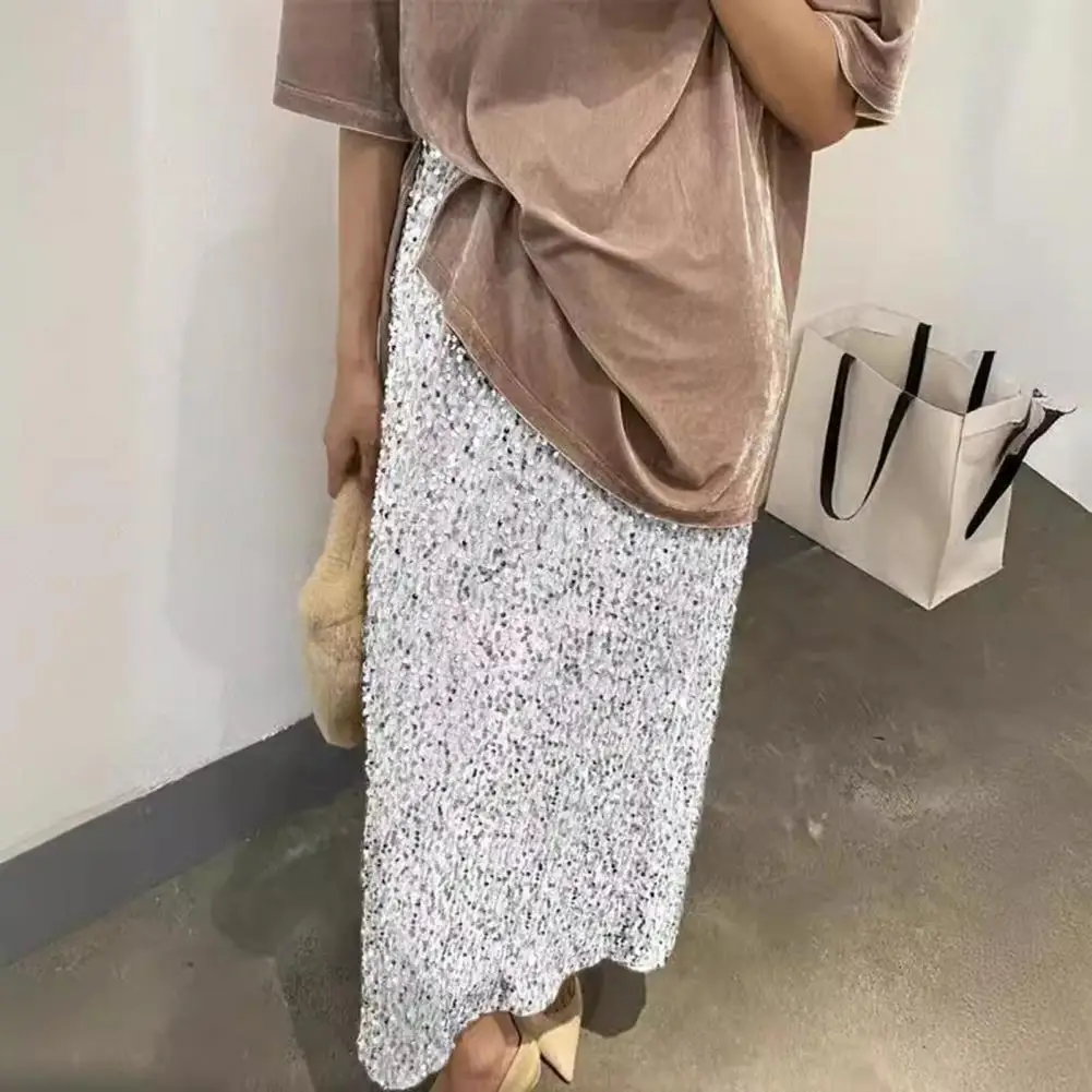 تنورة ناعمة قابلة للتنفس، تنورة طويلة أنيقة مزينة بالترتر للنساء بخصر عالٍ وتصميم بلون سادة، تنورة طويلة لتشكيل الساق