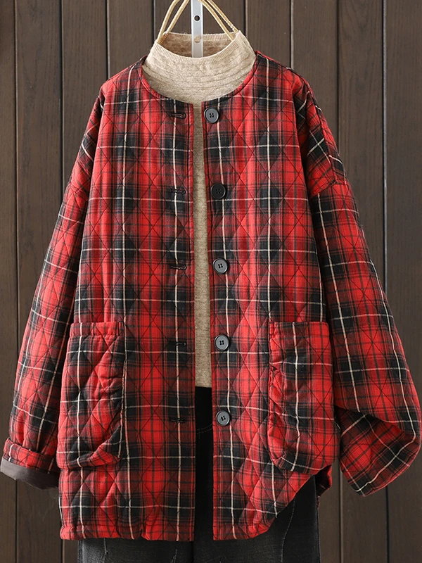 Jaket Wanita Katun Retro Artistik, Model Bulat, Hangat, Motif Kotak-kotak, Kancing Tunggal, Musim Dingin, Baru, untuk Kerja, Tebal...