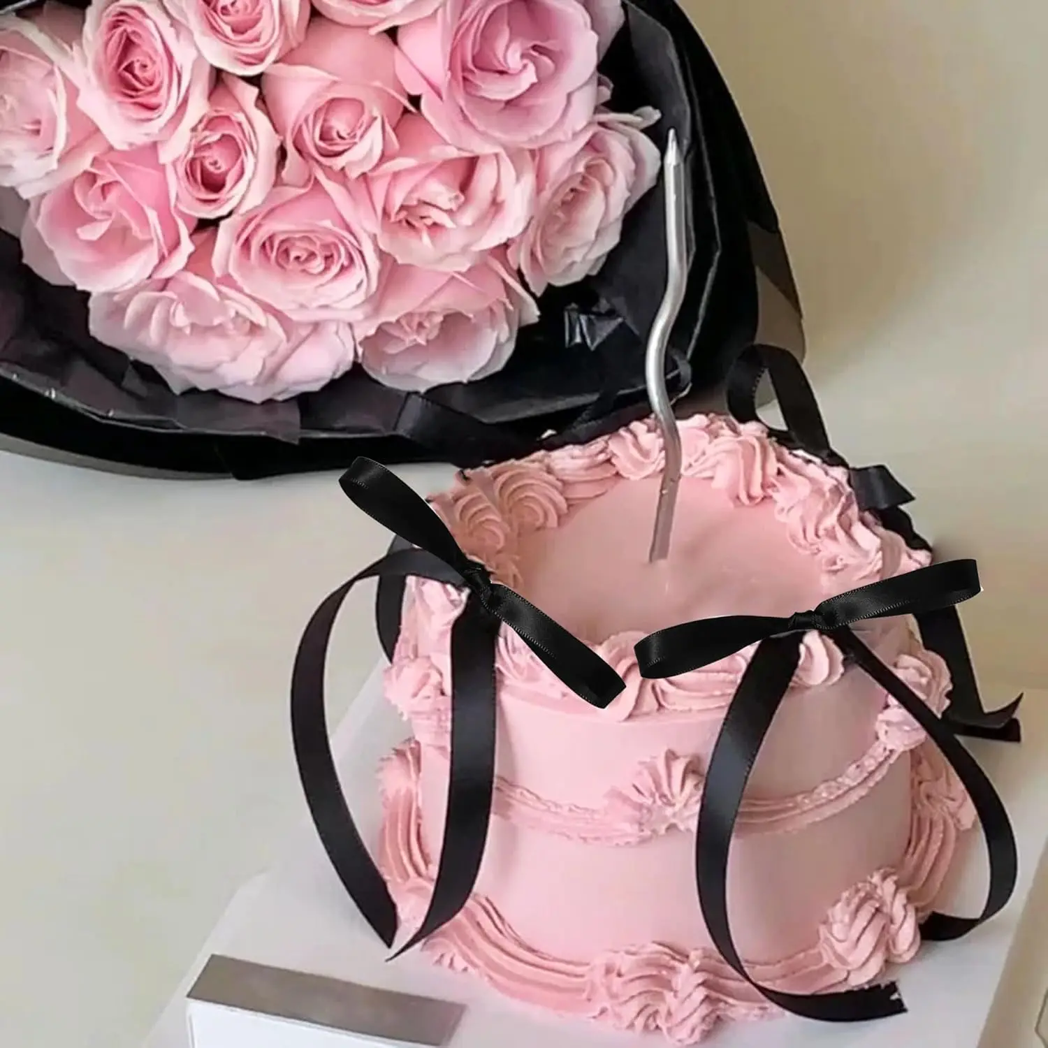Kuchen-Topper mit Schleife, schwarze Bänder, Schleife, Kuchendekorationen für Geburtstag, Babyparty, Hochzeitstag, Neujahr, Partyzubehör – Detail 10