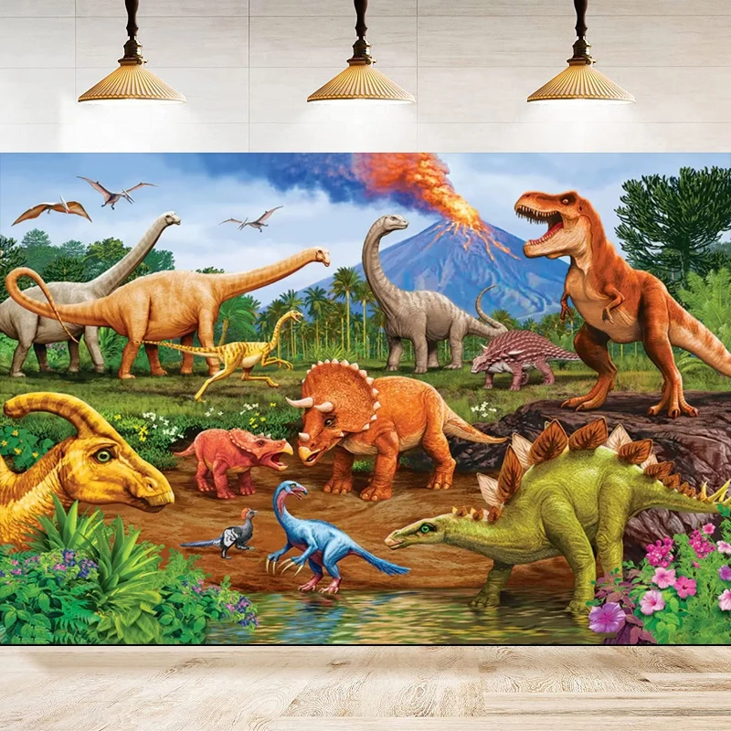 Dinosaur World Park Photography Backdrop Rainforest Animals Tropical Jungle Safari Background Boy Baby Birthday Party Decor