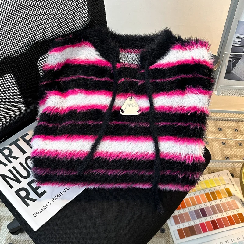 2025 가을 겨울 미국 레트로 스타일 남성 스트라이프 핑크 블랙 컬러 블록 루즈 캐주얼 데일리 니트 스웨터