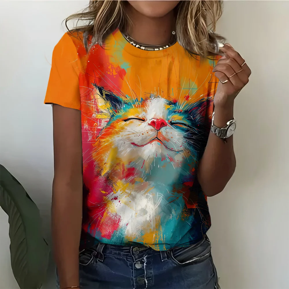 

Lively Dreamy Abstract Bright Colored Cat Art Women's T-shirt Casual And Fashionable Orange Short Sleeve