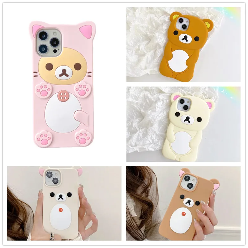 3D Cute Cartoon Pink Bear Kawaii Soft Silicone Case for IPhone 16 15 14 13 Pro Max 16Pro 15Pro 14Pro i16 Funny Women Girls Cover