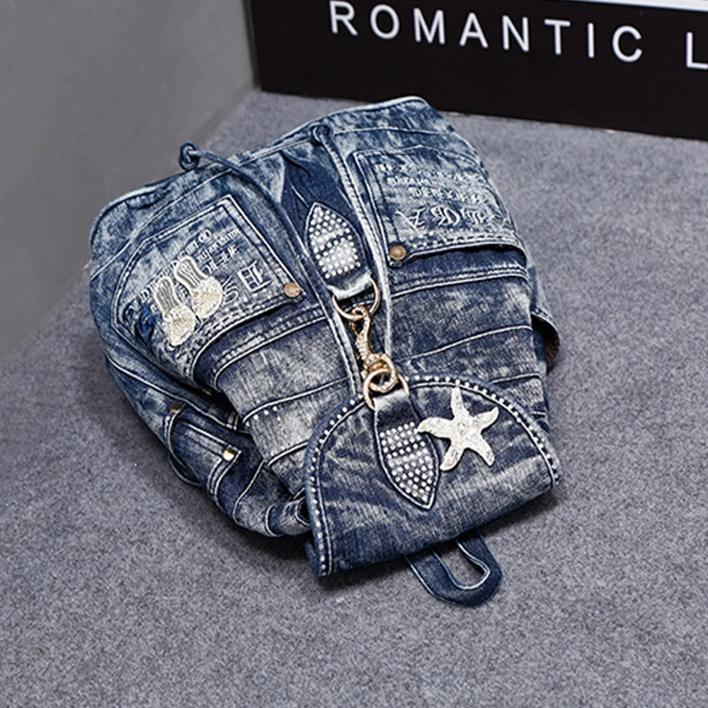 New Denim Backpack Korean Version Retro Diamond Denim Bag Street Personality Trend Ladies Solid Color Drawstring Lock Backpacks