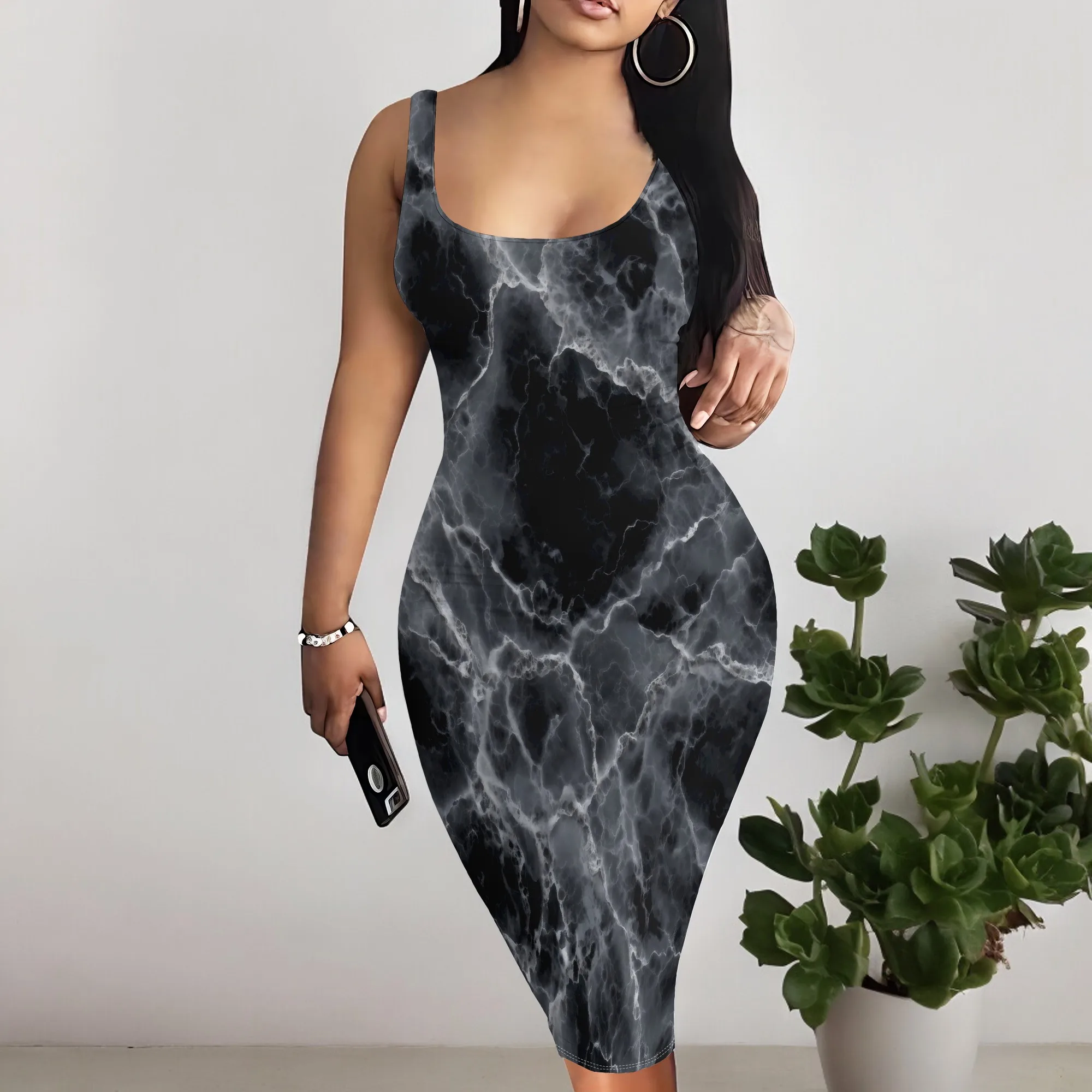 

Women's Black Marble Bodycon Dress 2025 Sexy Spaghetti Strap Club Midi Dress Plus Size S-3XL