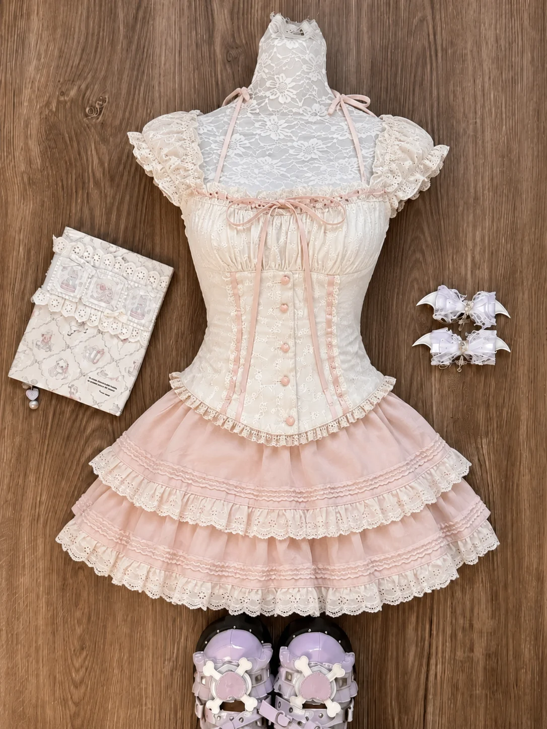 Japanese Sweet Preppy Style Skirt Set Women Kawaii Lace Patchwork Bow Tops + Y2k Plaid Mini Skirt Elegant Outifits 2 Piece Set