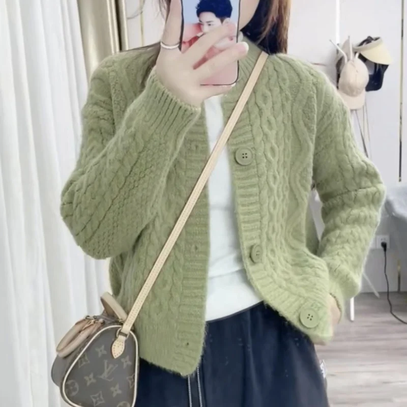 Retro Solid Color Knitted Cardigan Fashionable Twisted Doughnut Knit Jacket Casual Trendy Women's Sweater Single-Breasted Tops