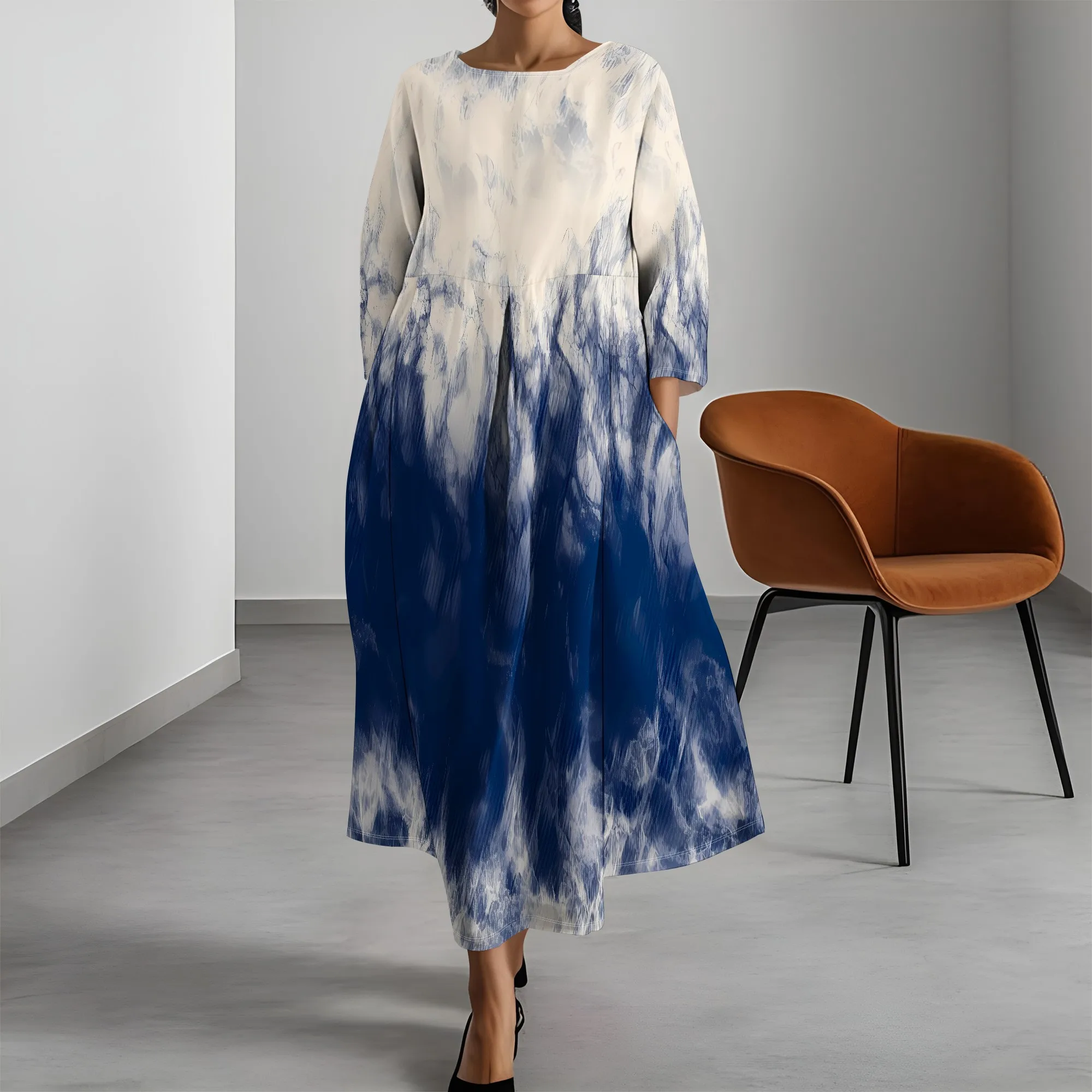 

EQQZD 3/4 Sleeve Crewneck Dress with Pockets, Colorful Tie-Dye Print Midi Dress, Summer Casual Loose Dress