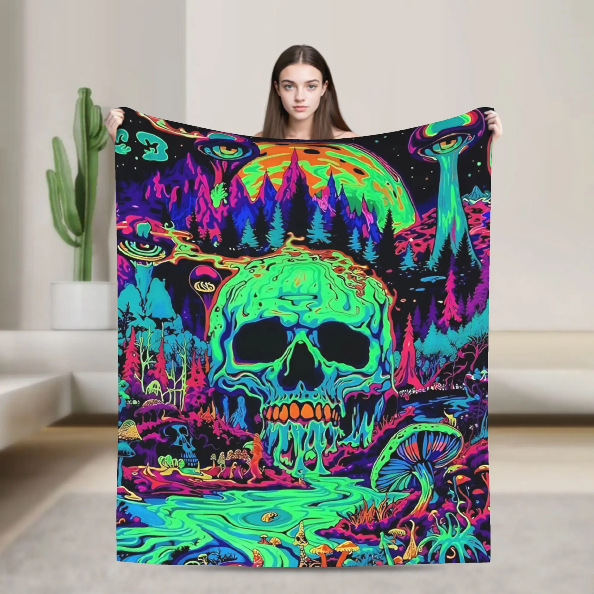 Skull Mushroom Glow in the Dark Blanket Cover Velvet Halloween Skeleton Lightweight Thin Throw Blankets for Home Couch Bedspread