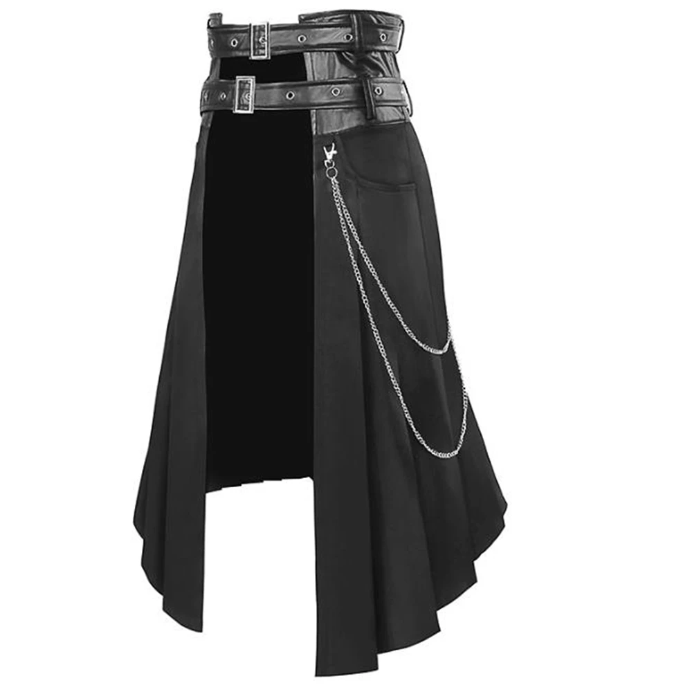 Cosplay Punk Pleated Skirt Men's Gothic Leather Belt Medieval Roman Warrior Kilt Metal Chian Asymmetry Black Halloween Costume