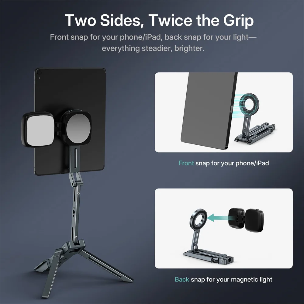 Universal Dual-Side Magnetic iPad Tripod Stand for Galaxy Tab A9+& iPhone 17-12 Series | 360° Rotation Heavy Duty Tablet Holder