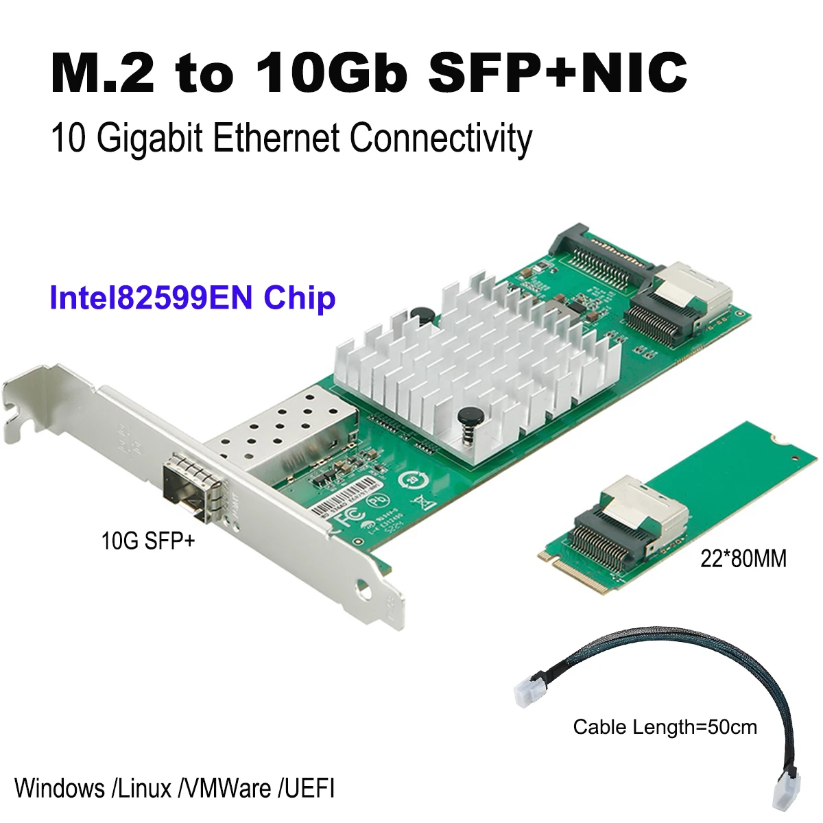 

​M.2 10G SFP+ Fiber Optic Single Port Network Card JL82599EN Chip X520-DA1 M key10GbE Ethernet Adapter for Server Workstation