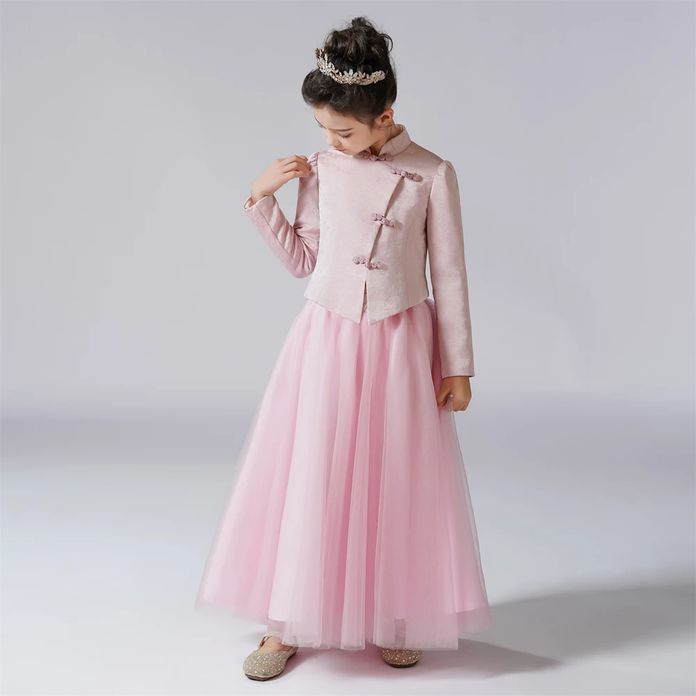 Dideyttawl Customized Flower Girls Dress For Party Long Sleeves Formal Pageant Gown Long Sleeve High-Neck Junior Bridesmaid Cute