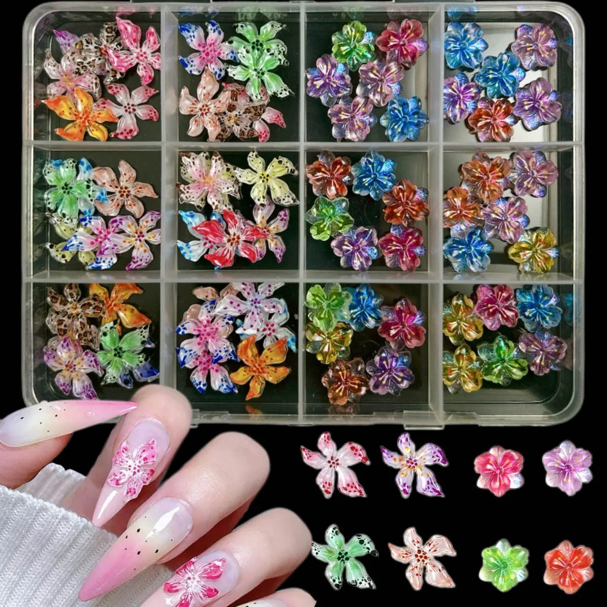 1 กล่อง ดอกไม้เรซิ่นสามกลีบหลากสี ประกายวิบวับ สำหรับตกแต่งเล็บ ขายดี ลายดอกไม้ประดับเล็บ DIY