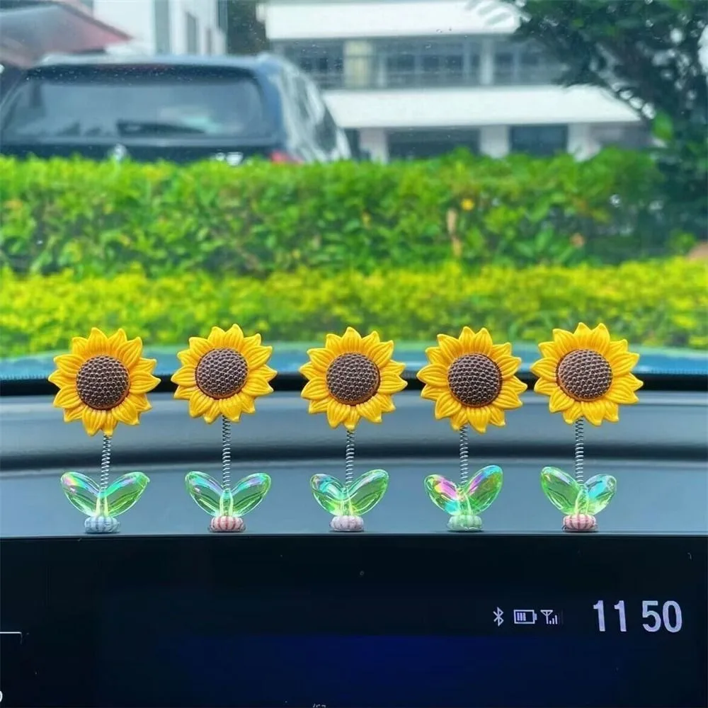 5 Pcs Resin Car Swinging Flower New Sunflower Design Interesting Car Pendant Cute Little Flowers Shaky Car Ornaments Car