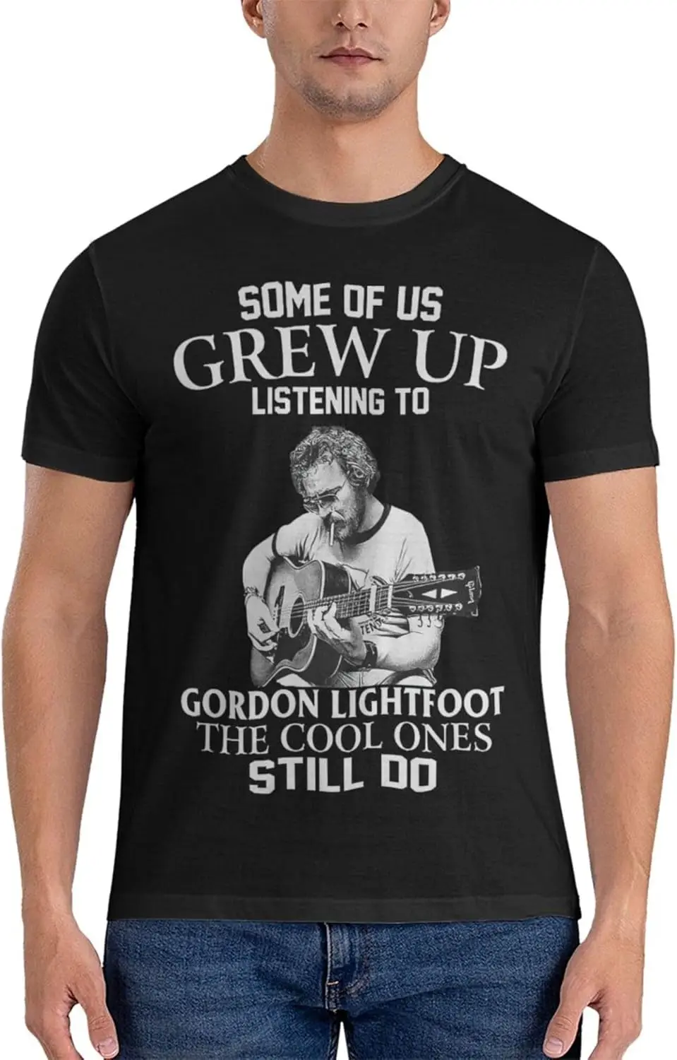 Gordon Music Lightfoot Men's Short Sleeve T-Shirt Double Sided Printing Casual Crew Neck Tops Black