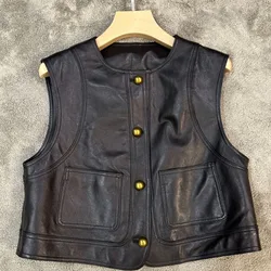 Colete de couro leve luxuoso feminino, jaqueta cardigã monocromática, casaco com temperamento alto, novo design de moda, primavera e outono