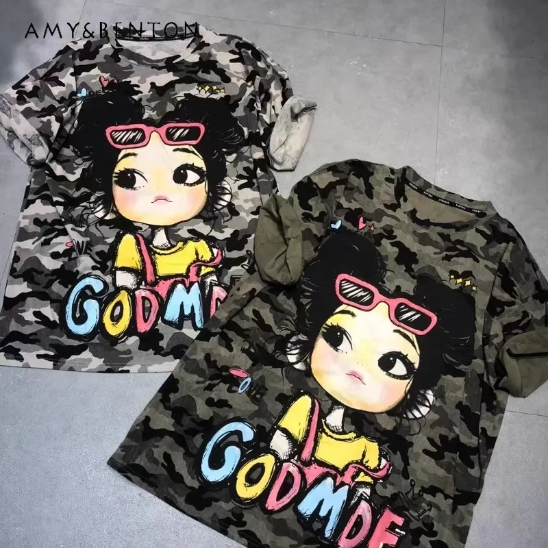 

European Style 2025 Spring and Summer New Oversized Loose Casual O-neck Tees Heavy Industry Short-sleeved T-shirt Top For Women