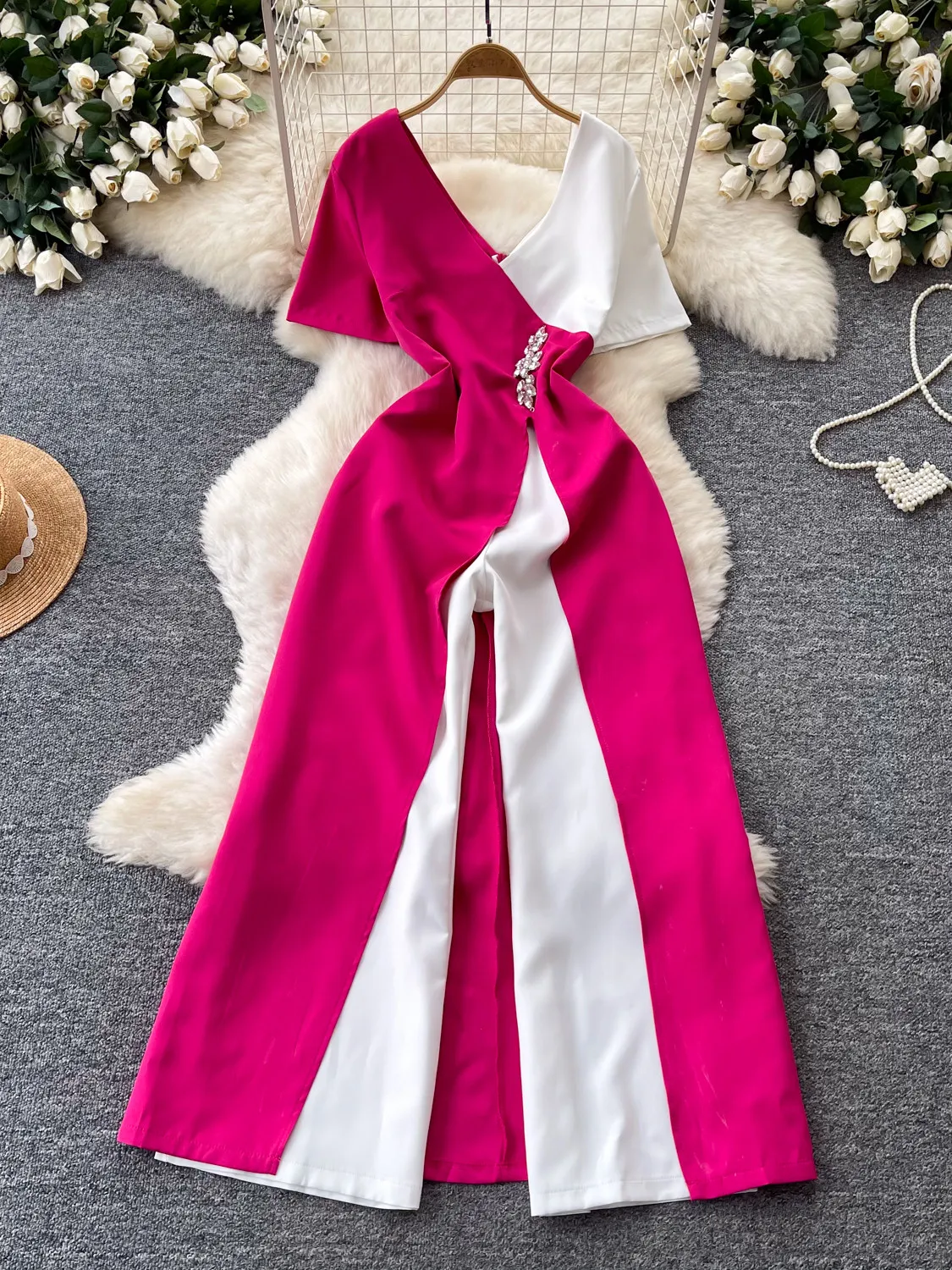 

Women's Pink Long Dress French V-neck Patchwork Dress Korean Style Short Sleeve Elegant A-line Split Dress for Women Summer 2026