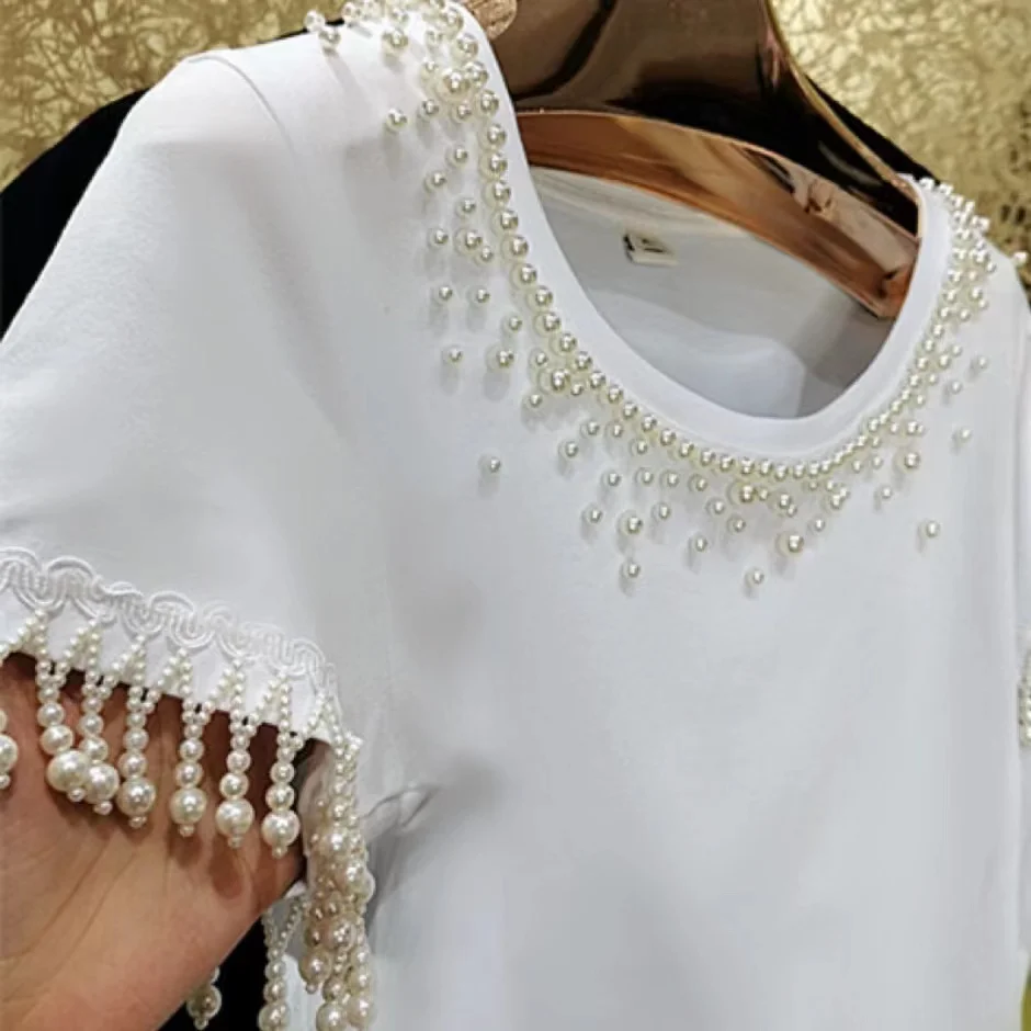 Pearls Beaded Embroidery Cotton T Shirt For Women 2024 Summer New In Short Sleeve Tops Tess White Tshirts Woman Clothing