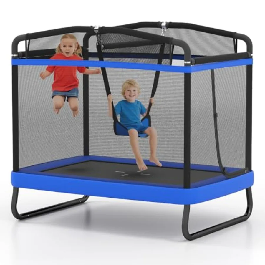Indoor/Outdoor Trampoline 70 Rectangle ASTM Approved Steel Frame with Blue Enclosure Net Detachable Swing Horizontal Bar