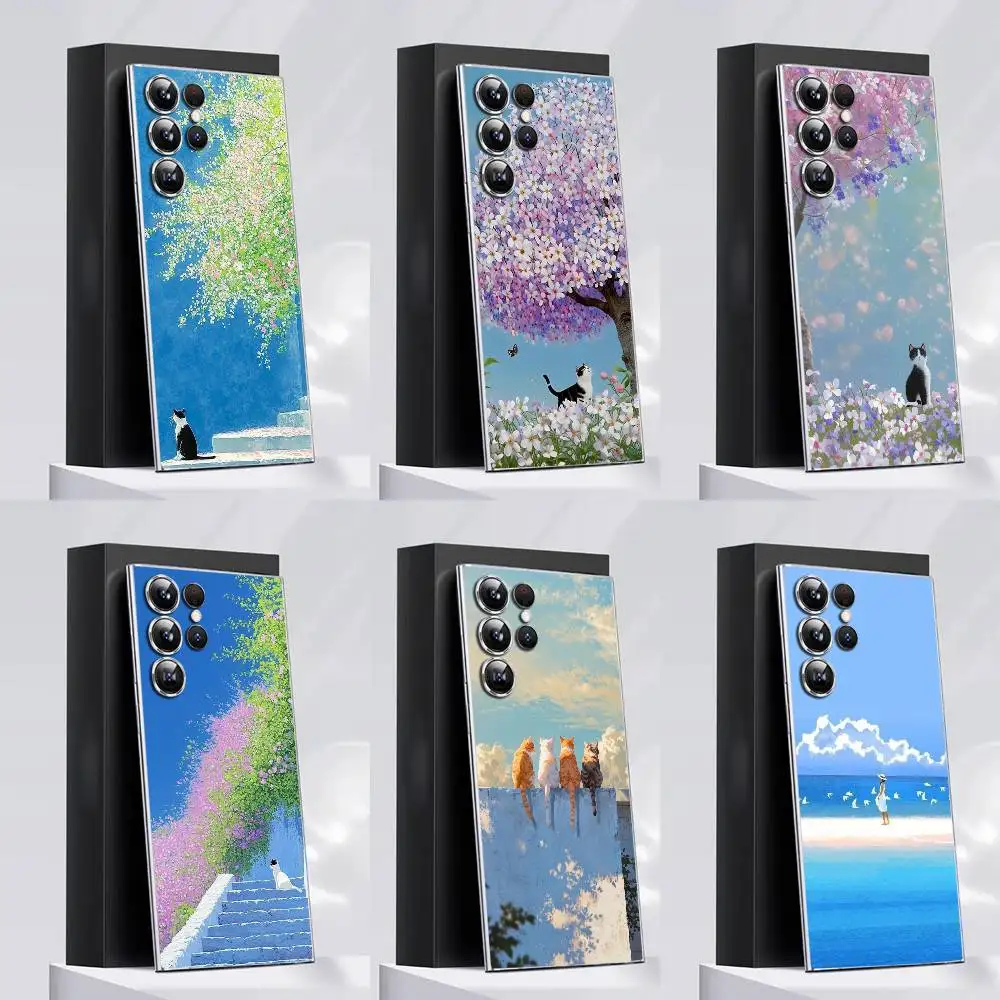 D-David Hockney 아트 고양이 전화 케이스 삼성 S30,25,24,23,21,22,20,10,5G,FE,lite,PIus,울트라 투명 커버