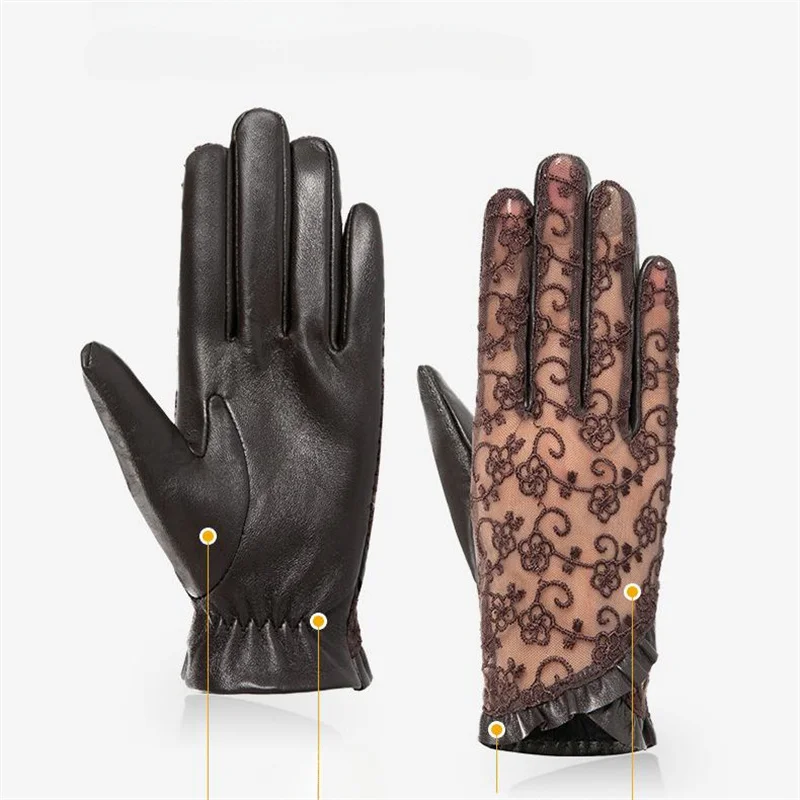 Summer Leather Sexy Dressy Gloves Sunscreen for Women Breathable Lace Full Finger Gloves for Ladies Riding Motorcycle