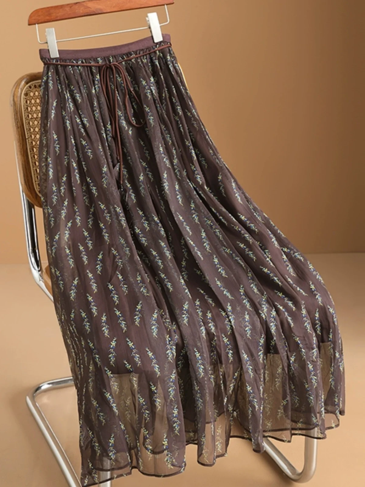 Ele الأزهار طباعة الشيفون ter Ne Dr المرأة تخفيف خمر عالية الخصر ألف خط تنورة ميدي طول مع الطيات #2