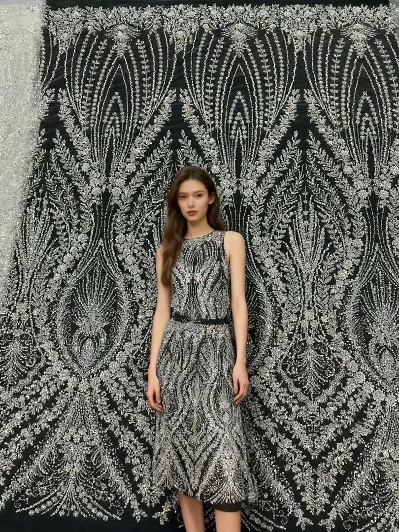 高級アフリカナイジェリア産スパンコールビーズ付きレース生地2025高品質フランス製ゴールドメッシュレース生地、パーティー、ウェディングドレス縫製用