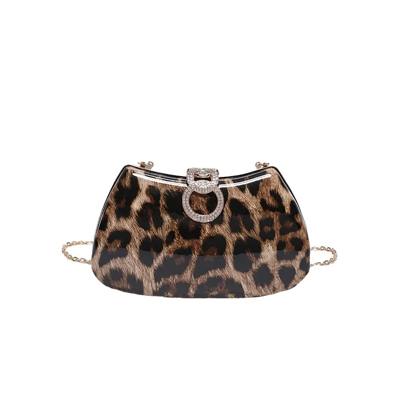 New Women\'s Evening Clutch Bag Fashion Leopard Pattern PU Leather Balck Handbag Luxury Ladies Chain Shoulder Crossbody Purse