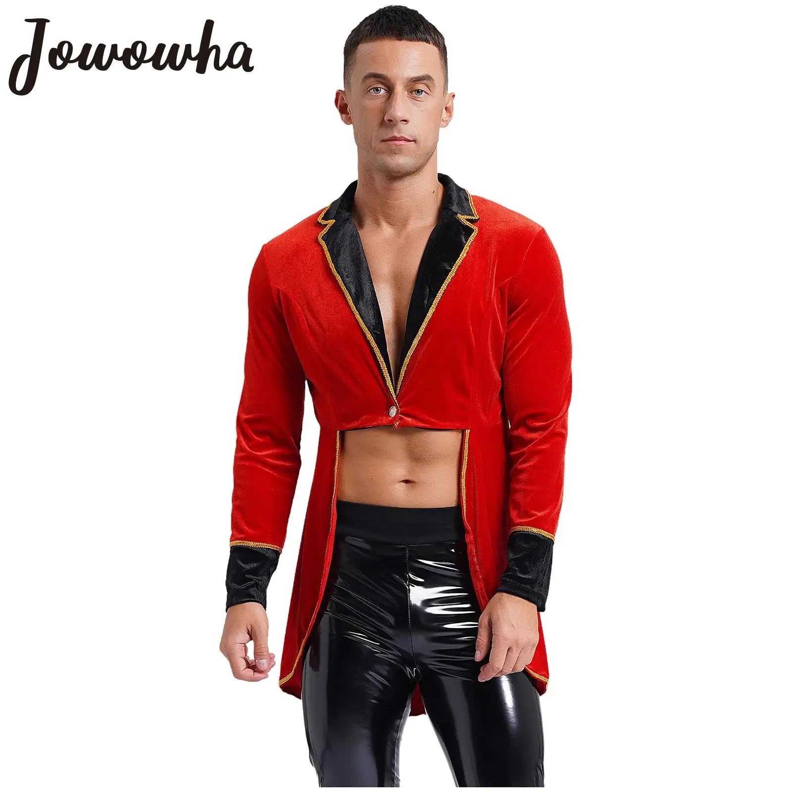 Mens Circus Ringmaster Tuxedo Jacket Halloween Carnival Cosplay Party Costume Long Sleeve Velvet Swallow-Tailed Blazer Coat