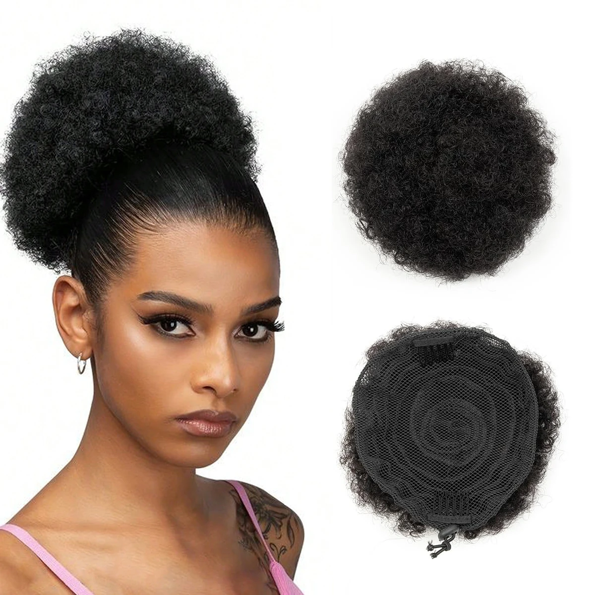 

Накладка для волос из 100% натуральных человеческих волос, афро-пучок, короткий кудрявый афро-пучок, прическа-хвостик на резинке, с двумя заколками, 4 или 6 дюймов