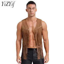 Mens Faux Suede Tassel Vest Fashion Rivets Fringe Waistcoat Open Front Sleeveless Jacket Western Cowboy Vest for Music Festival